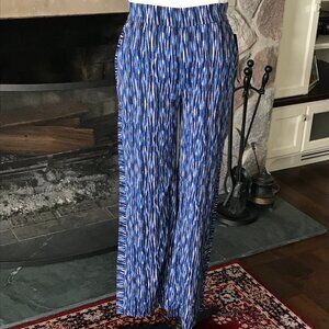 'Liverpool' Elastic Waist Wide Leg Crop Pants in Blue Linear Print - Size Large